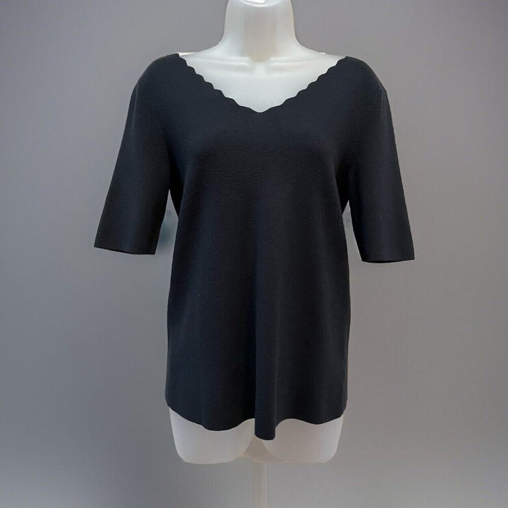 Talbots Scallop Neck Short Sleeve Shirt Women’s Black Knit M Blouse